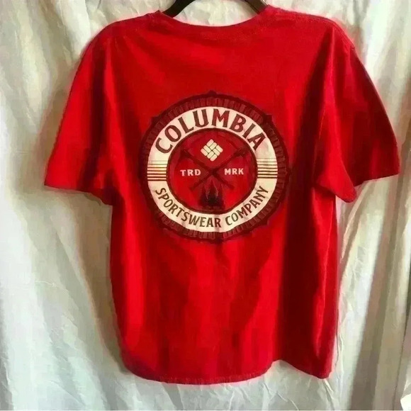 Columbia Short Sleeve Shirt Red with Black and White Graphic on Back Size L - Picture 2 of 3